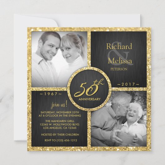 Elegantes Black and Gold 50. Hochzeitstag Einladung (Vorderseite)