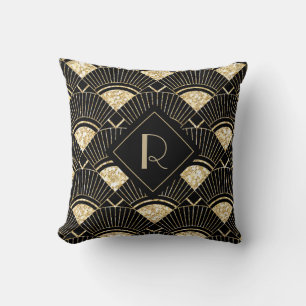 Elegantes Black and Gold Art Deco Monogramm Kissen