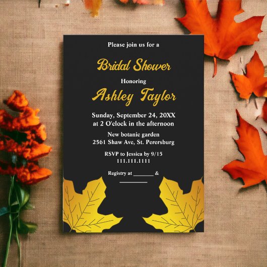 Elegantes Black and Gold Blätter fallen Brautparty Einladung