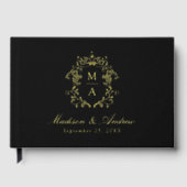 Elegantes Black and Gold Chinoiserie Wappen Hochze Gästebuch (Vorderseite)