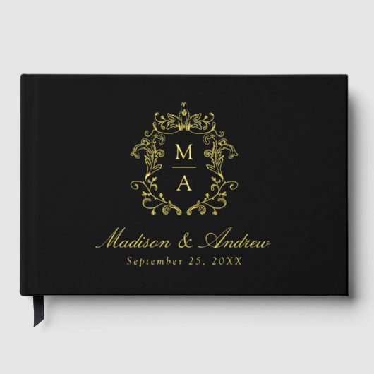 Elegantes Black and Gold Chinoiserie Wappen Hochze Gästebuch (Vorderseite)