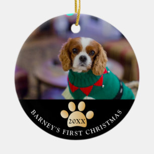 Elegantes Black and Gold Dog's First Christmas Fot Keramik Ornament