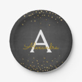 Elegantes Black and Gold Foil Confetti Monogramm Pappteller (Vorderseite)