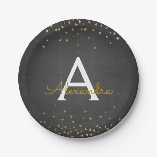 Elegantes Black and Gold Foil Confetti Monogramm Pappteller (Vorderseite)