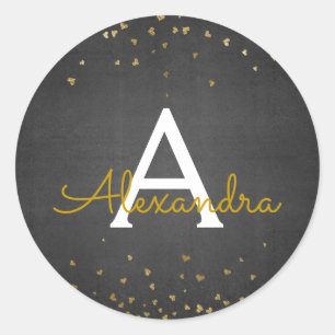 Elegantes Black and Gold Foil Confetti Monogramm Runder Aufkleber