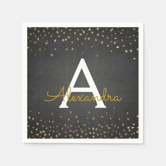 Elegantes Black and Gold Foil Confetti Monogramm Serviette (Vorderseite)
