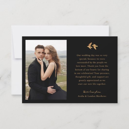 Elegantes Black and Gold Foto Hochzeit | Vögel Dankeskarte (Rückseite)