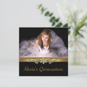 Elegantes Black and Gold Foto Quinceanera Einladung (Stehend Vorderseite)