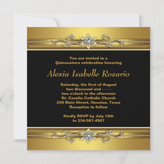 Elegantes Black and Gold Foto Quinceanera Einladung (Rückseite)