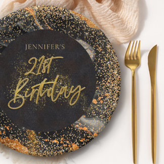 Elegantes Black and Gold Glitzer 21. Geburtstag Pa Pappteller