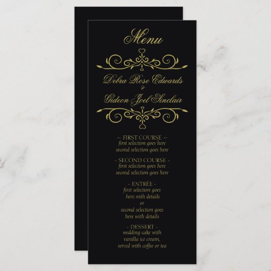 Elegantes Black and Gold Heart Blüh Wedding Menu Menükarte (Vorne/Hinten)