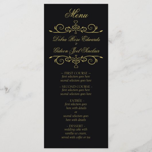 Elegantes Black and Gold Heart Blüh Wedding Menu Menükarte (Vorderseite)