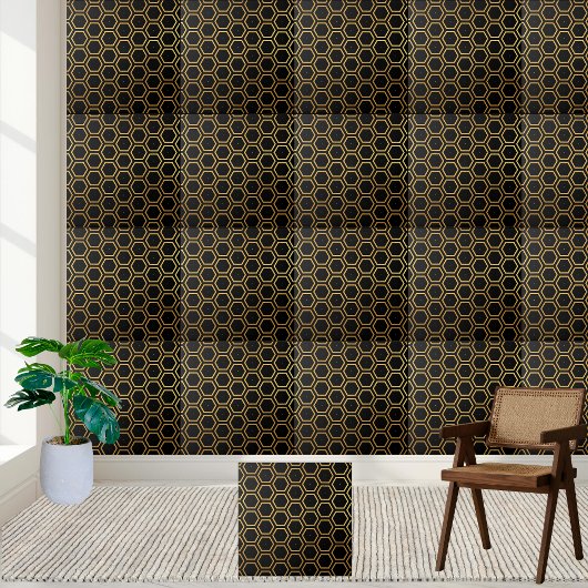 Elegantes Black and Gold Honeycomb Hexagon Muster Fliese
