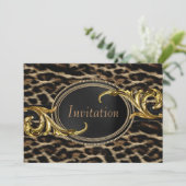 Elegantes Black and Gold Leopard Party Einladung (Stehend Vorderseite)