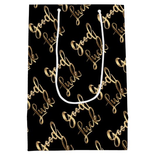 Elegantes Black and Gold Look Script Viel Glück Mittlere Geschenktüte (Rückseite)