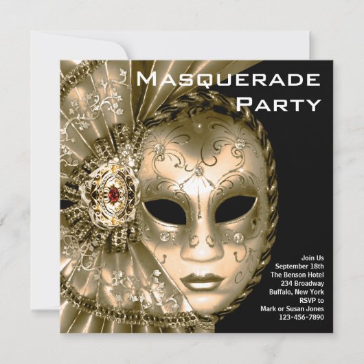 Elegantes Black and Gold Masquerade Party Einladung (Vorderseite)