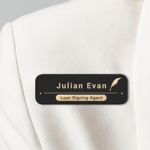 Elegantes Black and Gold Notary Public Quill Icon Namensschild