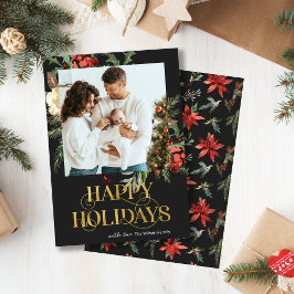 Elegantes Black and Gold Poinsettia Foto Weihnacht Feiertagskarte