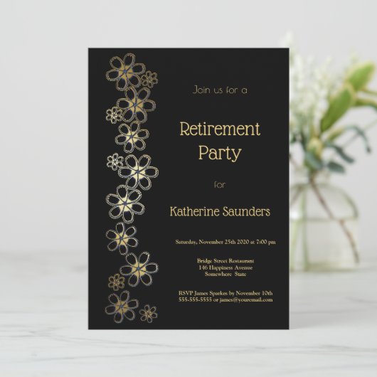 Elegantes Black and Gold Retirement Party Einladung (Stehend Vorderseite)