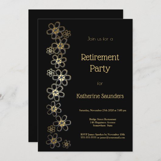 Elegantes Black and Gold Retirement Party Einladung (Vorne/Hinten)