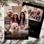 Elegantes Black and Gold Script 2 Foto Weihnachten<br><div class="desc">Moderne elegante Schwarz und Gold Script 2 Foto Frohe Weihnachts Script Holiday Card. Dieses festliche, einfache minimalistische, skurrile Zwei-Foto-Urlaubskarten-Template zeigt "Frohe Weihnachten" Grußtext, der in einem wunderschönen handgeschriebenen Wirblen Swash-Schwanz-Schriftart-Kalligraphie-Skript in Gold auf schwarzem Hintergrund geschrieben ist. Auf der Rückseite mit Ihrer Grußbotschaft mit einem kleinen Herzdoodle und einer Bildvorlage. Hübsche...</div>