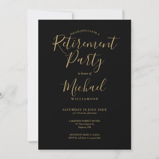 Elegantes Black and Gold Script Retirement Party Einladung (Vorderseite)