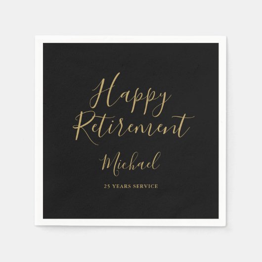 Elegantes Black and Gold Script Retirement Party Serviette (Vorderseite)