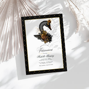 Elegantes Black and Gold Swan Quinceñera Foto Einladung