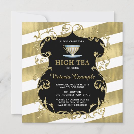Elegantes Black and Gold Tea Party Einladung (Vorderseite)
