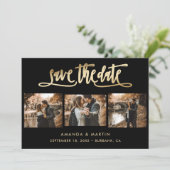 Elegantes Black and Gold Wedding 3 Foto Save The Date (Stehend Vorderseite)