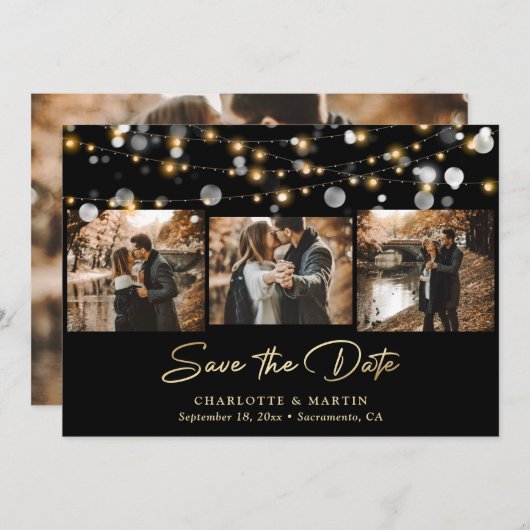 Elegantes Black and Gold Wedding 4 Foto Save The Date (Vorne/Hinten)