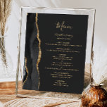 Elegantes Black and Gold Wedding Table Menü Poster<br><div class="desc">Die links Seite dieses eleganten,  modernen Hochzeitsmenüzeichens besticht durch eine schwarze Aquarellwand,  die mit vergoldetem Imitat-Glitzer besticht. Das Wort "Menü" erscheint in goldfarbenem Schriftskript auf einem schwarzen Hintergrund mit Schiefer. Personalisieren Sie den restlichen Text mit den Namen des Paares,  dem Hochzeitstermin und den Menüdetails.</div>