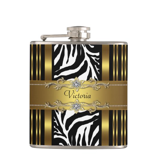 Elegantes Black and Gold Zebra Flachmann (Vorderseite)