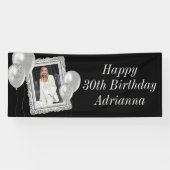 Elegantes Black and Silver Foto & Balloons Geburts Banner (Horizontal)