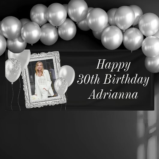 Elegantes Black and Silver Foto & Balloons Geburts Banner