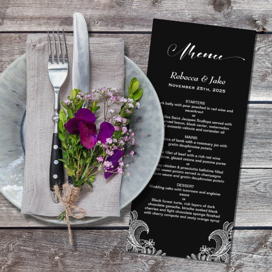 Elegantes Black and White Lace Wedding Menu Menükarte