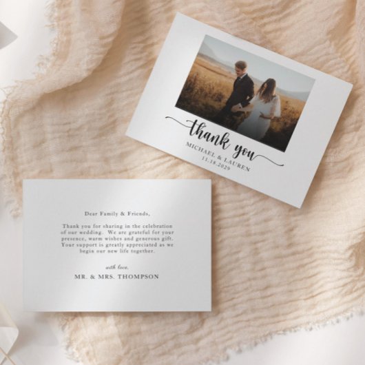 Elegantes Black and White Simple Wedding Foto Dankeskarte