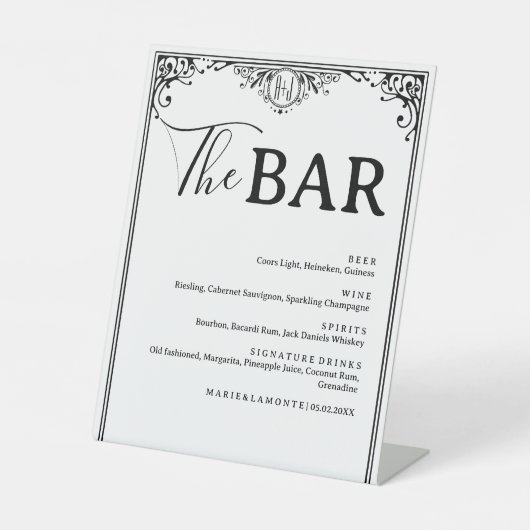 Elegantes Black and White Wedding Drinks Bar Menu Sockelschild (Vorderseite)