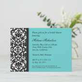 Elegantes Black Aqua Floral Damask Brautparty Einladung (Stehend Vorderseite)