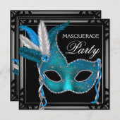 Elegantes Black Aquamarin Blue Masquerade Party Einladung (Vorne/Hinten)