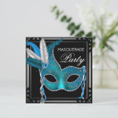 Elegantes Black Aquamarin Blue Masquerade Party Einladung (Stehend Vorderseite)