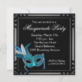 Elegantes Black Aquamarin Blue Masquerade Party Einladung (Rückseite)