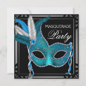 Elegantes Black Aquamarin Blue Masquerade Party Einladung (Vorderseite)