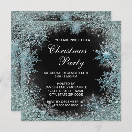 Elegantes Black Aquamarin Blue Snowflake Party Einladung (Vorne/Hinten)
