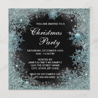 Elegantes Black Aquamarin Blue Snowflake Party Einladung