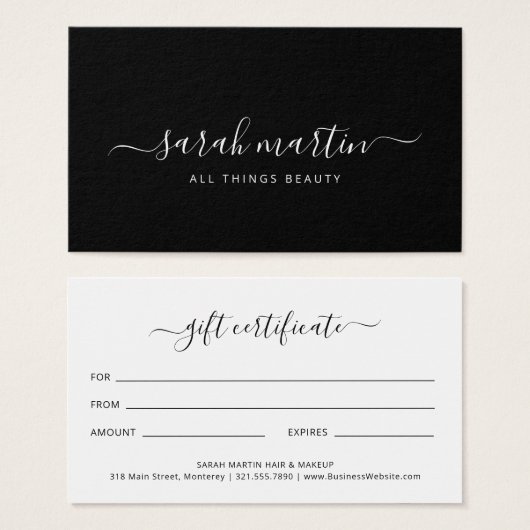 Elegantes Black Beauty Salon Geschenkgutschein (Vorne & Hinten)