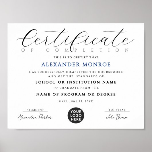 Elegantes Black Blue Zertifikat Poster (Vorne)