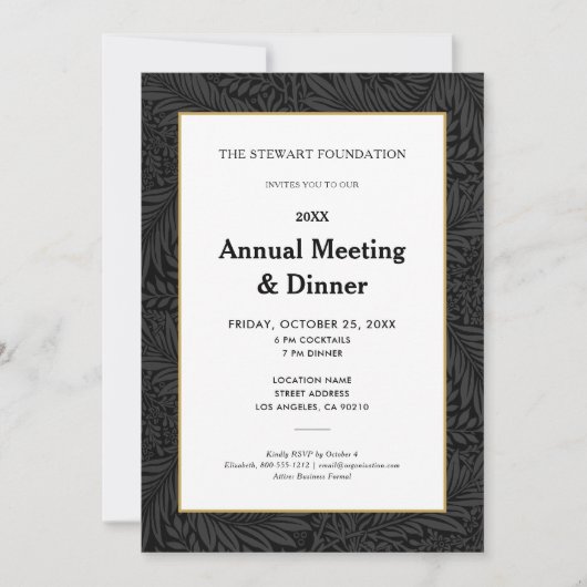 Elegantes Black Botanical Annual Business Dinner Einladung (Vorderseite)