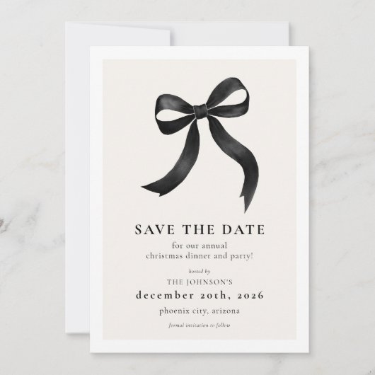 Elegantes Black Bow Christmas Party Save The Date (Vorderseite)