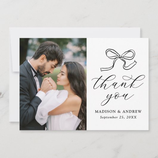 Elegantes Black Bow Foto Wedding Dankeskarte (Vorderseite)